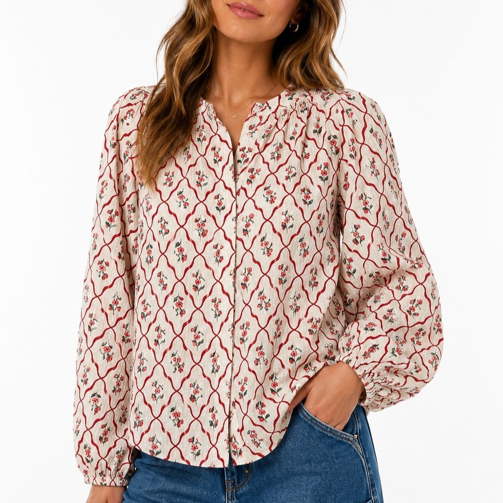 Lucky Brand Quilted Floral Peasant Blouse Women L Cream CotttageCore‎ Button Up